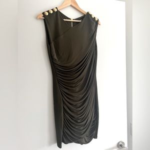 Authentic Balmain Olive Dress Bodycon Mini Buttons Shoulders Size 42/10 US